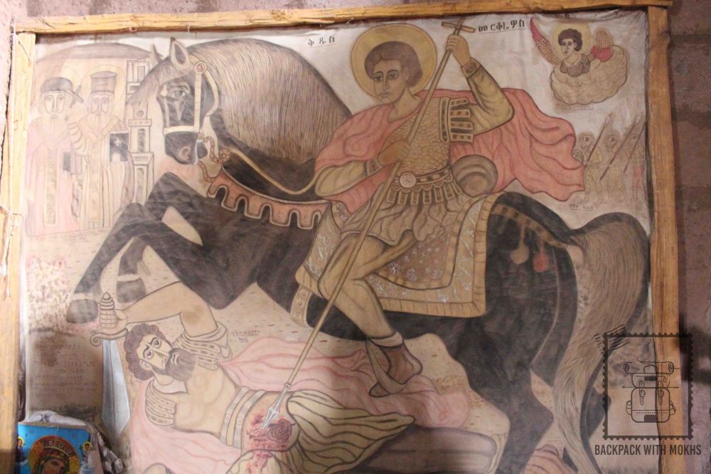 old painting of good defeating bad